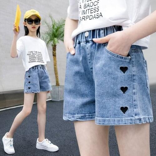 Girls Clothes New Blue Jeans Kids Heart Print Fashion Style Denim Pants Teen Girls Clothing Short Trousers 5 8 10 12 14 Years