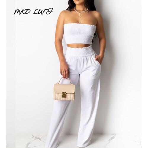 Solid Strapless Cami Tops & Pocket Design High Waist Pants Set Women Casual Summer Two Piece Set