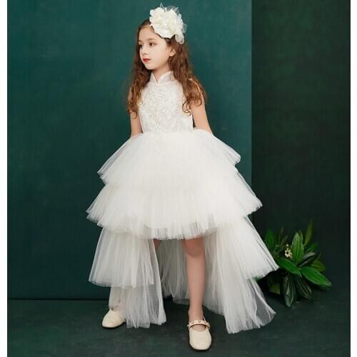 Flower Girl Dresses Illusion Sleeveless Embroidery Princess Knee-Length Luxury White High Lace Tulle Lovely Kids Party Gown H193