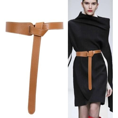 Real Leather Asymmetrical Split Long Knot Belt Personality Women New Fashion Tide Dress Waistbands HOT Soft Cowhide Cummerbunds