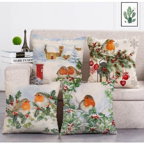 Christmas Birds With Love Cushion Cover Pillowcase Linen Pillow Covers for Sofa Home Car Decor Animal Pillow Cover 45x45cm T328