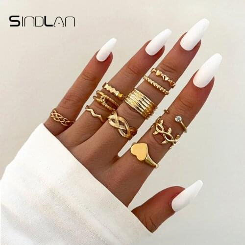 Sindlan 11Pcs Vintage Heart Gold Rings for Women Punk Leaf Wave Crystal Aesthetic Set Female Boho Fashion Jewelry Anillos Bauge