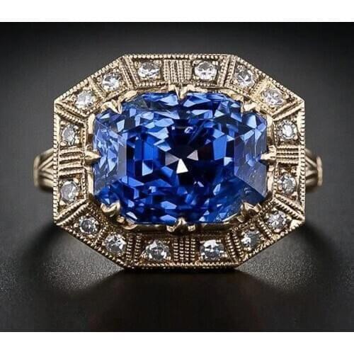 Vintage Luxury Blue Crystal Square Rings Geometric Charm Princess Jewelry For Women promise Wedding Dainty Anniversary Gifts