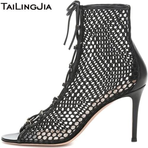 Latest High Heel Black Fishnet Ankle Boots Womens Heeled Open Toe Summer Heels Lace Up Mesh Booties for Ladies Large Size 2019