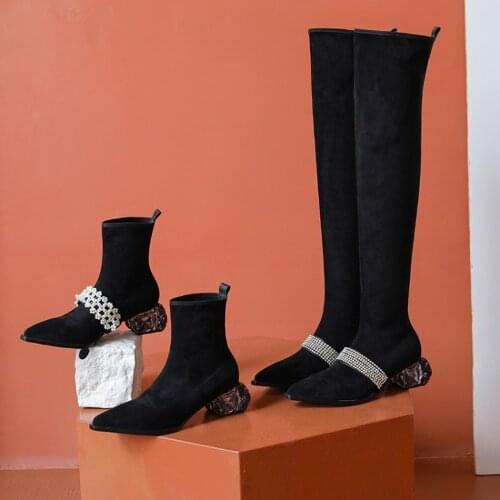 Womens Pointy Toe Stretchy Over The Knee Thigh&Ankle Boots Pearls Rhinestones Band Crystal Strange Clear Heel Shoes Real Leather