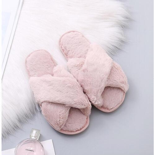 Women Fluffy Winter Sandal Cross Plush Open Toe Sandal Soft Flat Shoes Warm Faux Fur Slipper Home Female Shoes WJ004