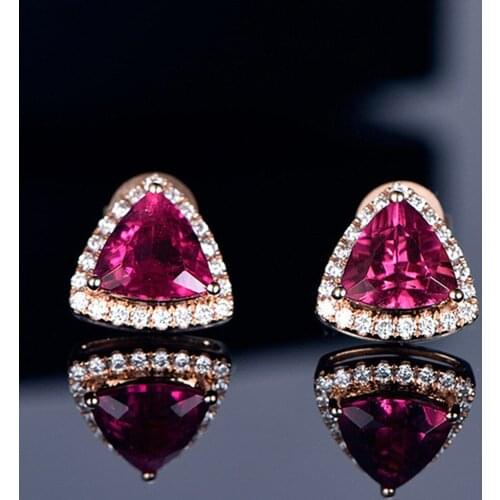 Fashion Triangle Small Red Crystal Ruby Gemstones Diamonds Stud Earrings for Women 18k Rose Gold Color Jewery Bijoux Accessories