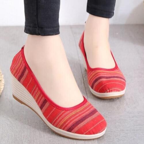 THEAGRANT 2019 Wedge Heel Women Pumps Vintage Striped Canvas Slip on Spring Autumn Traditional Lady Platform Shoes WHH3009