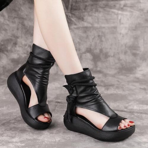 Ladies Vintage PU Leather Plus Size Sandalias Mujer Sapato Feminino 2021 Women Summer Sandals Mid Heels Wedges Shoes