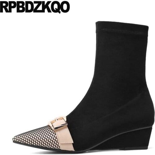 Autumn Shoes Belts 2021 Wedge Genuine Leather Ladies Short Women Ankle Boots Medium Heel Pointed Toe Black Fall Suede European