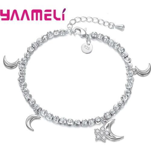 New Big Sale Women Romantic Bracelets With Moon & Star Pendant 925 Sterling Silver Best Selling Girls Jewlery Gift