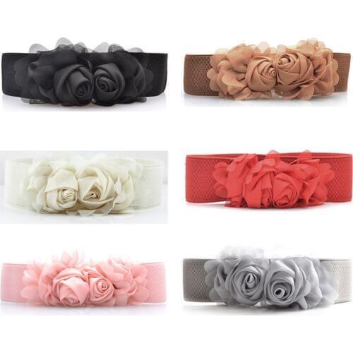 Womens Lace Rose Flower Buckle Stretch Belt Dress Decoration Elastic Waist Belt BLTLL0070