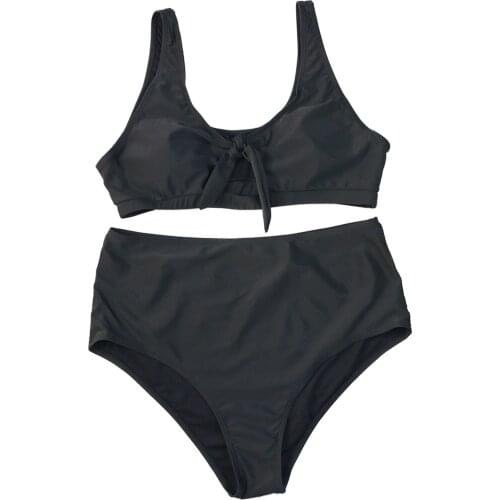 Plus Size Women Split Swimsuit Set Solid Color Low-cut Lace Up Bikini + Elastic Waist Panties for Summer