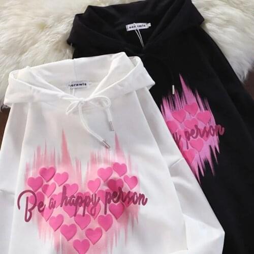 Street sweet foaming women Korean round neck warm loose love printed hooded sweater long-sleeved upper clothes sports sweater