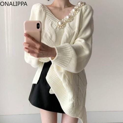 ONALIPPA French Gentle Cream Color Sweater Female 2021 Autumn V-Neck Pearl Decoration Design Linen Pattern Knitted Pullover