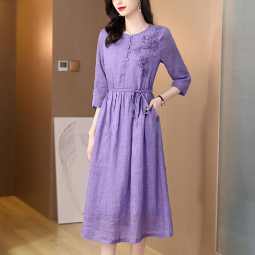 Summer fashion temperament purple cotton embroidered dress womens 2021 new round neck knee ladies dress