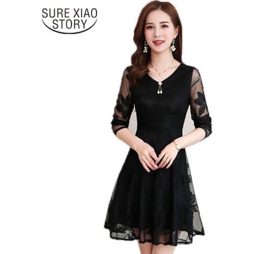 New Korean Version Plus Size Long Sleeve Solid Sexy Lace Dress Summer 2021 Office Lady Knee-Lenght Quality Women Dress 4925 50