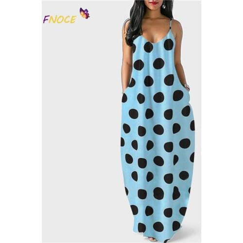 FNOCE S-5XL Size Womens Clothing Summer Printing Polka Dot Deep V-Neck Strap Sling Floor-Length Dress 2021 Urban Casual Beach