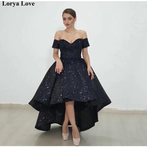 Short Front Long Back Sequined Evening Dresses 2020 Women Formal Party Wine Red Robe De Soiree Black Off Shouldee Prom Gowns