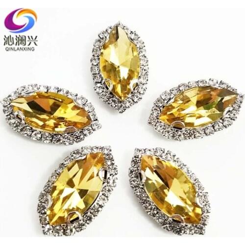 Golden yellow eye shape Top grade Glass Crystal buckle,Sliver bottom sew on loose rhinestones,Diy/wedding decoration SWHEK19