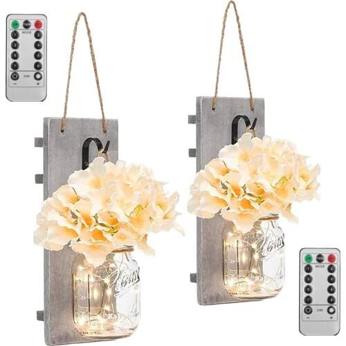 2 Pack Mason Jar Sconces for Wall Decor with LED Fairy Lights, Decorative Chic Hanging House Decor , Silk Hydrangea