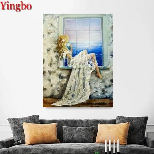 Diamond mosaic Full Square stones DIY 5D Diamond Painting Cross Stitch Kits beauty sitting on the window admiring the sea view