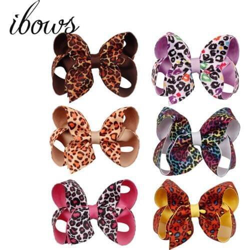 IBOWS 4" Leopard Printed Hair Bows For Girls Double Layers Grosgrain Ribbon Bowknot Hair Clip Kids Hairgrips Hair Accessories