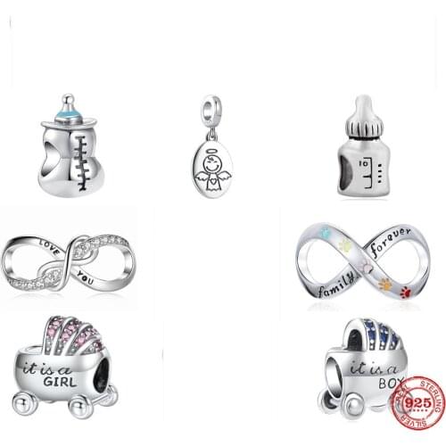 New Silver 925 Family Forever Baby Carriage Baby Bottle Love You Charm Bead Fit Original Pandora Bracelet DIY Jewelry For Women