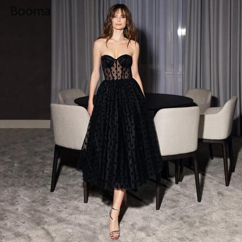 Booma Black Polka Dots Tulle Short Prom Dresses Sweetheart Boning A-Line Prom Gowns Illusion Open Back Tea-Length Party Dresses