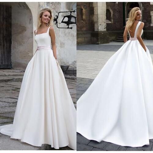 Elegant Wedding Dress White Ivory Satin Simple Bridal Gowns Beaded Straps A Line Wedding Dreses Vestido De Noiva Backless Robe