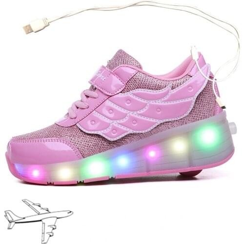 27-40 Pink White USB Charging Fashion Girls Boys LED Light Roller Skate Shoes For Children Kids Sneakers With Wheels One wheels