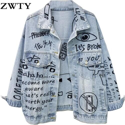 ZWTY Women Jeans Jacket Streetwear Fashion Graffiti Embroidery Denim Jacket Pocket Lapel Loose Jeans Coat Female Harajuku Jacket