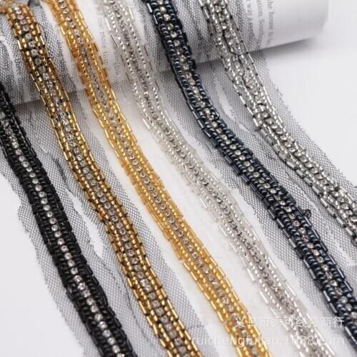 10yards/lot handmade lace craft bridal metal chains wedding trimming stone chiffon lady ribbon tape decorative weaving border
