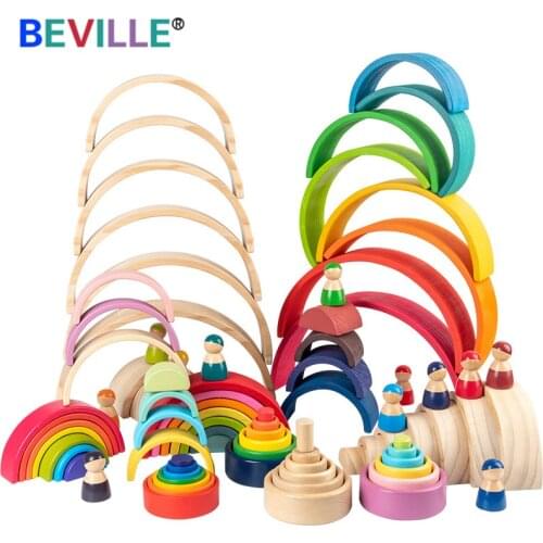 Natural Wood Mini Rainbow Block Child Nesting Stackable Bowls Arch Combination Montessori Toy For Kids Creative Education Bricks