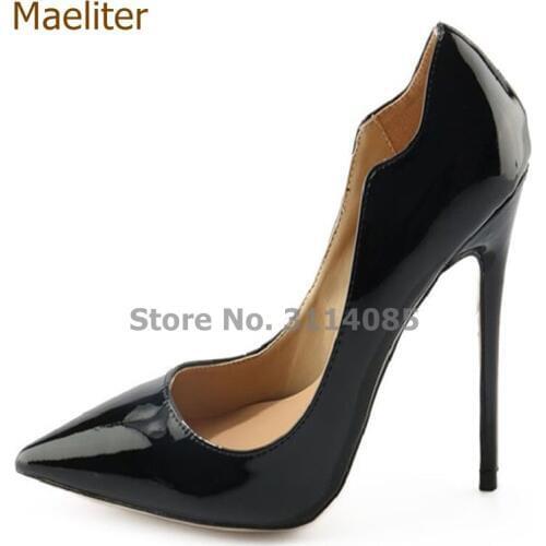 Street Fashionable Black Patent Leather Women Pumps Unique Design Hot Selling Stiletto Heels Pointed Toe Special Cut Shoes