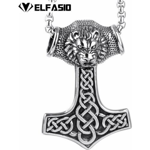 Mens Silver Lion King Thors Hammer Norse Magick Mjolnir Stainless Steel Pendant Necklace Chain Length 51-76cm