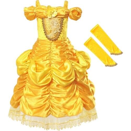 VOGUEON Girl Dress up Clothes Shoulderless Layers Belle Princess Costume Kids Beauty and The Beast Halloween Party Cosplay Dress
