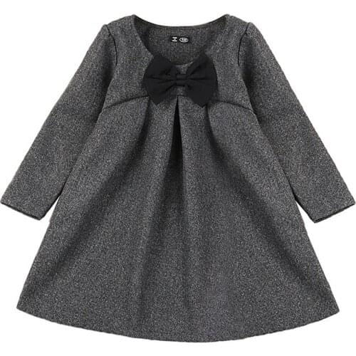 New 1 2 3 4 5 6 7T Grils Princess Dress With Bow And Long Sleeves Little Girls Dress Fashion O-Neck Kids Clothes For Spring Fall