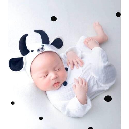 Newborn Photography Props Baby Cow Hat Romper Set Hand Sewn Newborn Bonnet Romper Outfit