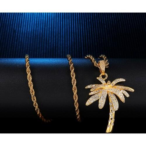 New Fashion Charm Hip Hop Bling Iced Out Micro Paved CZ Palm Tree Pendants & Necklaces for Men Rapper Jewelry with Tennis Chain
