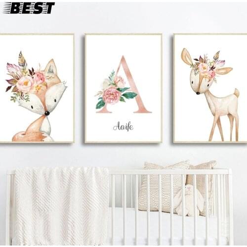 Girls Custom Name Posters And Prints Flowers Canvas Painting Fox Deer Poster Nordic Wall Pictures For Girl Bedroom Decoration
