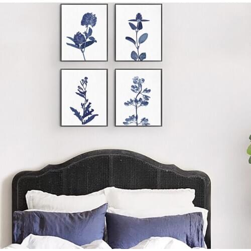 Pressed Blue Flower Canvas Painting Videointage Hampton Style Wall Art Print Retro Picture For Living Room On The Wall Home Deco