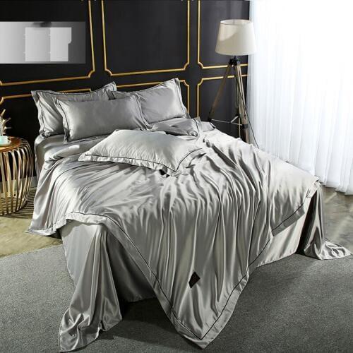 Luxury Silver Gray Bedding Set 100% Silk Textur Home Textiles Soft Summer Comfort Duvet Cover Silky Bed Set With Flat Sheet 4pcs