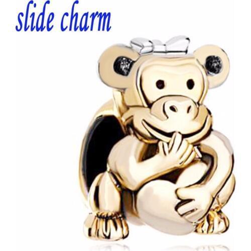 Slide charm Free shipping Valentines Day gift gilded golden monkey love charm beads fit Pandora charm bracelets