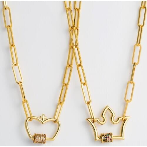 Punk heart crown Gold Necklace hip hop Carabiner Lock Bolt Zirconia Copper Statement Pendant Necklace men Jewelry wholesale