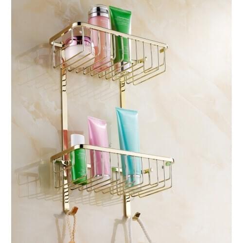 Vidric Gold/Chrome Shelves 2 Tier Racks Brass Towel Hook Washing Shower Basket Cosmetic Holder Bathroom Accessories Wall Shelf