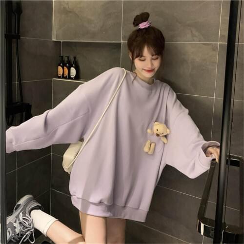 40# Kawaii Bear Pocket Blouses Womens Spring Autumn Loose Wild Pullover Solid Bear Oversized Solid Color Shirt Блузка Женская