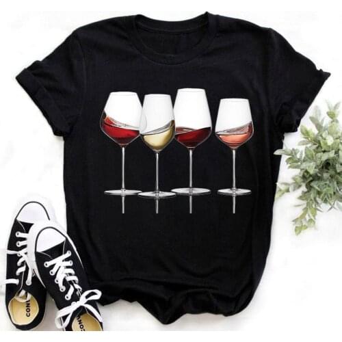 Wine Glass Women Black Tshirt Funny T Shirt Women Printed Camiseta Mujer Short Sleeve Tshirt Lady Yong Girl Top Tee