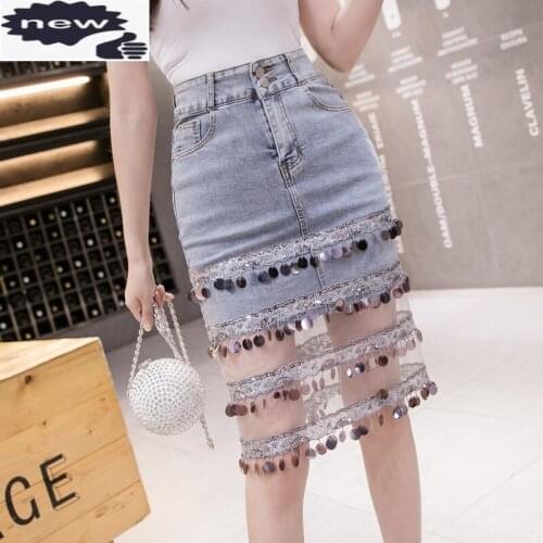 Women Sequined Denim Knee Length High Waist Wrap Jean Skirts Summer Patchwork Mesh Ladies Slim Fit Bodycon Sexy Skirt