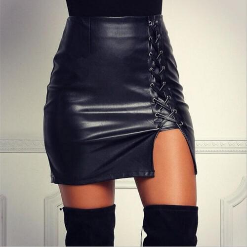 New Hot Sales 4XL Plus Size Women PU Skirts Black Lace Hem Split Uncracked PU Leather High Waist Pack Hip PU Skirts Midiskirts